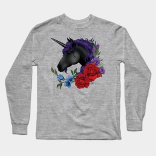 Black Unicorn and Flowers Long Sleeve T-Shirt